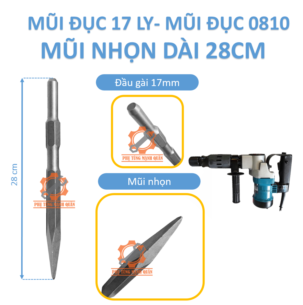 Mũi đục 0810 - mũi đục 17 ly - mũi đục bê tông nhọn và dẹt