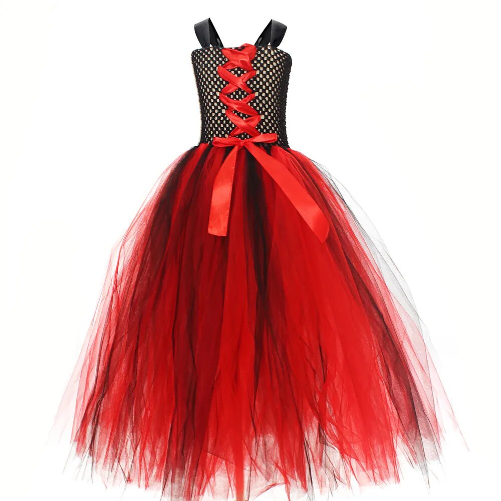 Baby Girls Gothic Demon Queen Vampire Role Playing Clothing Kid Spider Witch Tutu Long Dress Children Halloween Cosplay Costume
