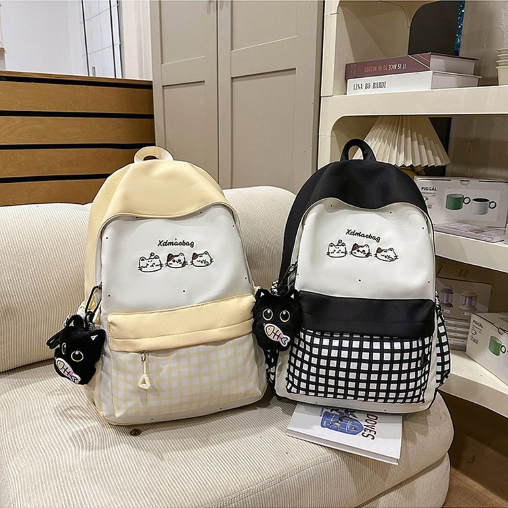 New%20Cat%20Checkered%20Pattern%20Women%20Backpack%20Large%20Capacity%20Nylon%20Travel%20Bag%20Casual%20Portable%20Schoolbag%20School%20Use%20-%20Image%206
