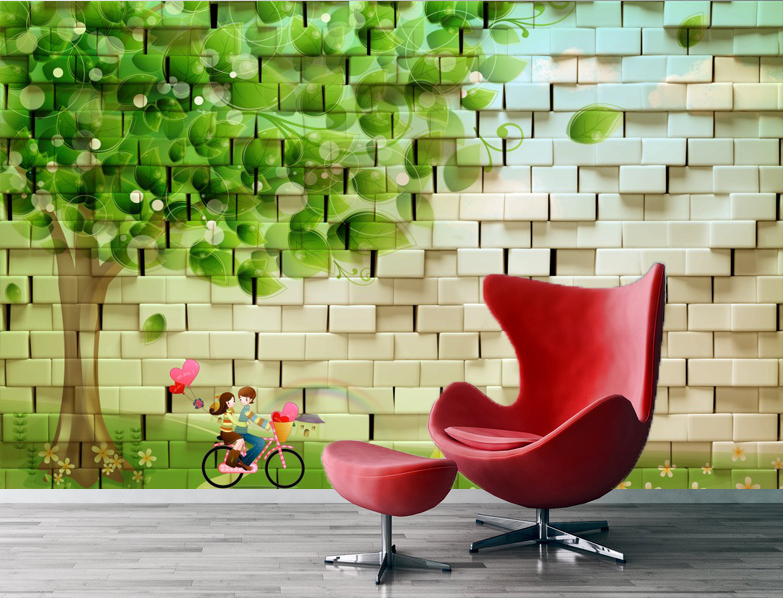 Tranh dán tường Đôi bạn và cây xanh VTC 3D Lunawall-0006 phủ kim sa