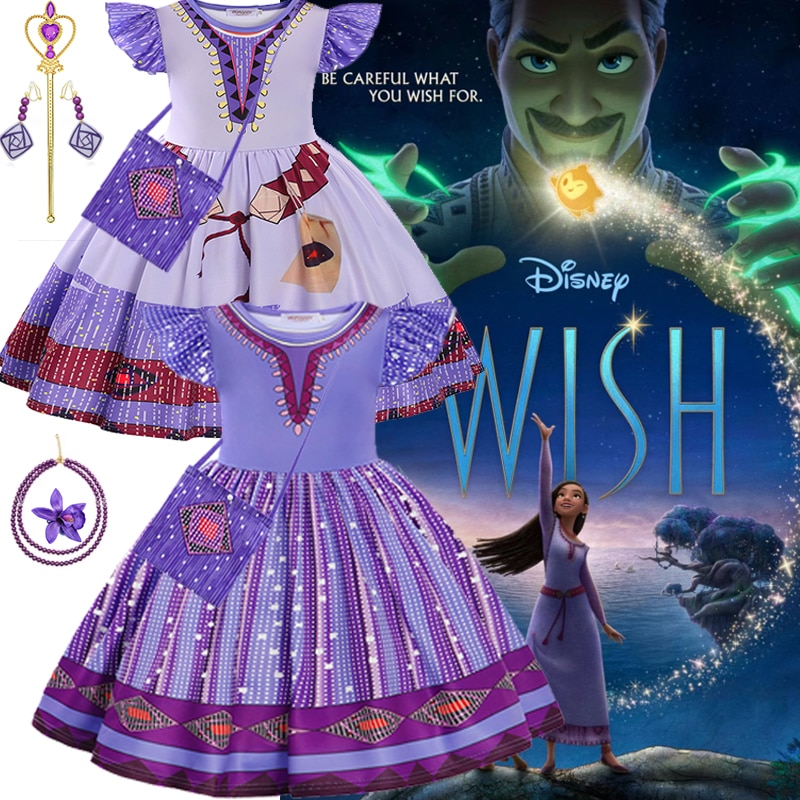 Wish Movie Asha Cosplay Costume For Kids Girl Party Clothes Flying Sleeve  Vestido Outifit Children Princess Dresses 2-10T