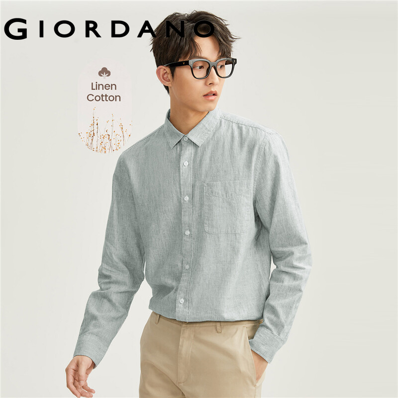 GIORDANO Men Shirts Linen Cotton Single Pocket Shirts Long Sleeve Button Closure Simple Basic Fashion Casual Shirts 01044485
