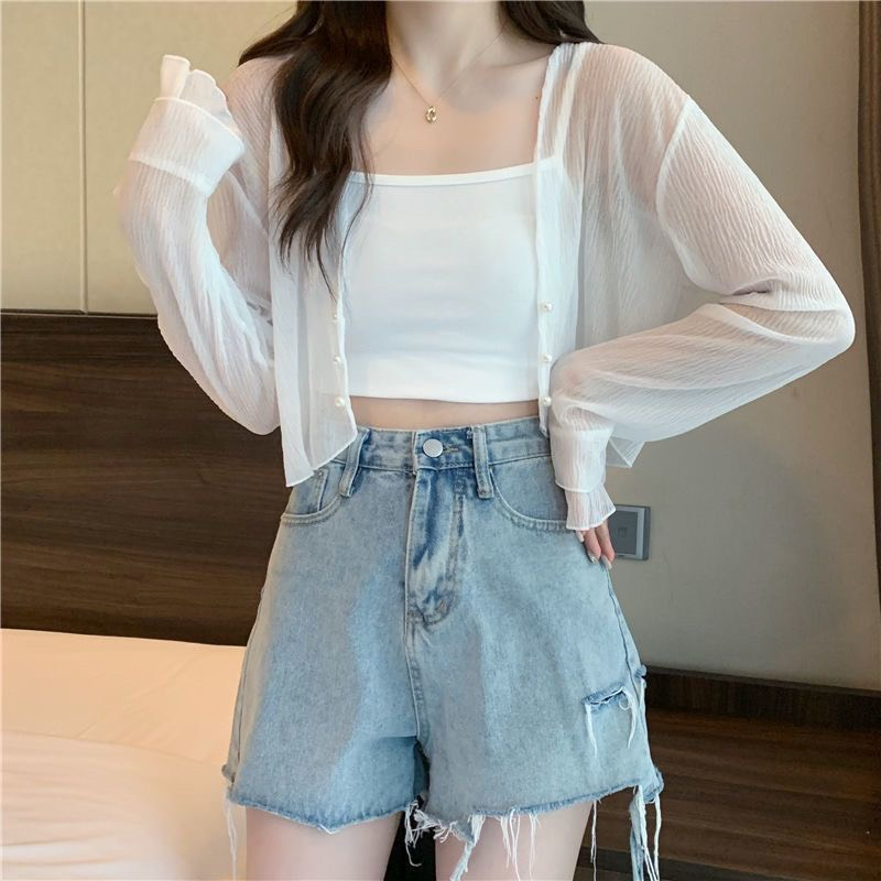 Áo khoác ngoài mỏng cadigan nhẹ nhàng voan xuyên thấu cúc ngọc phối đồ mặc váy style mùa hè thu tiểu thư hottrend 2023