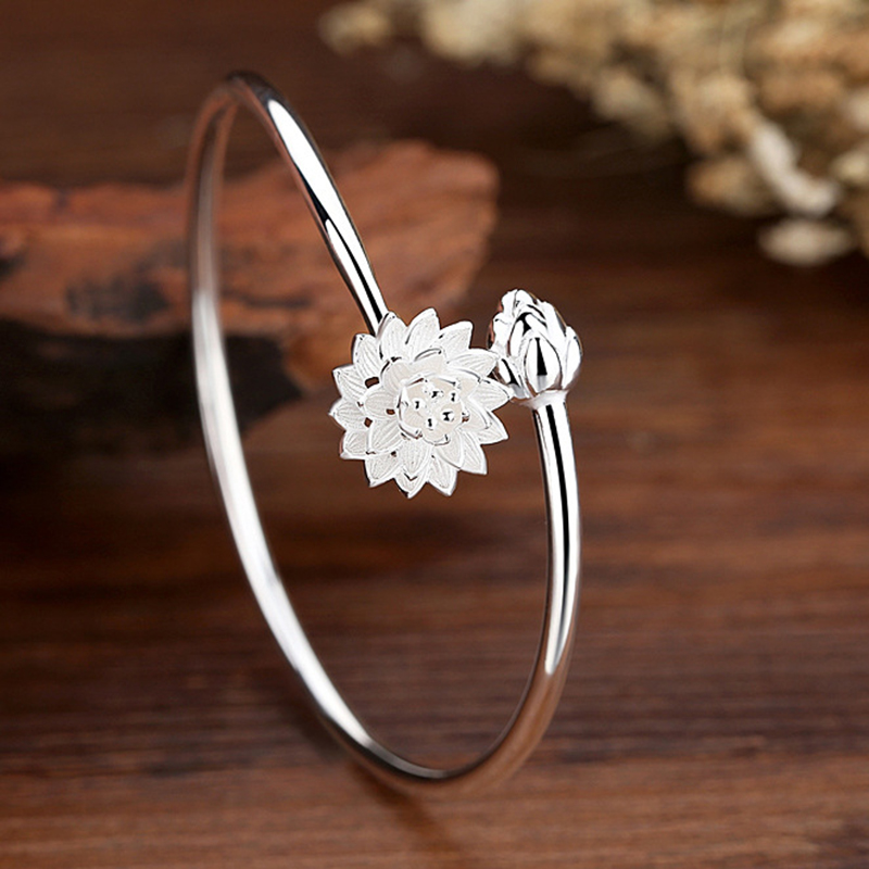 Korea Vòng Tay Charm Hoa Sen Bằng Bạc Vòng Tay Trang Sức Vòng Tay Hở Retro