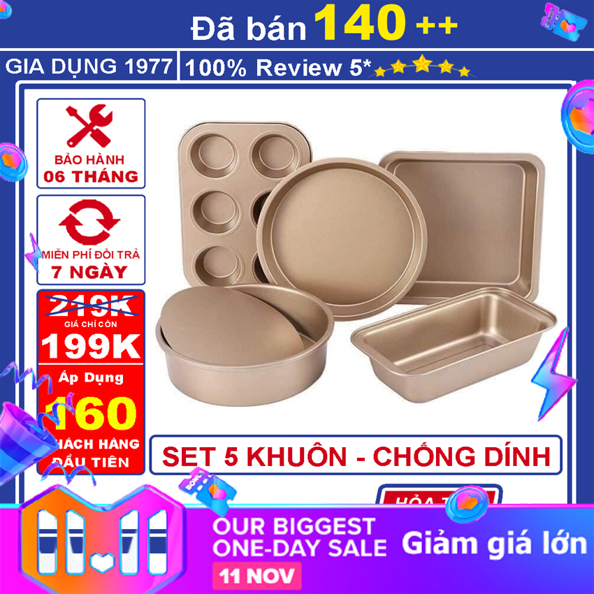 Trọn Bộ Set 5 Khuôn Làm Bánh Cao Cấp Màu Gold Chống Dính,Khay Làm Bánh Mì, Bánh Nướng, Cupcake, Chống Dính Chất Liệu Thép Carbon Cao Cấp Bến Thành Store
