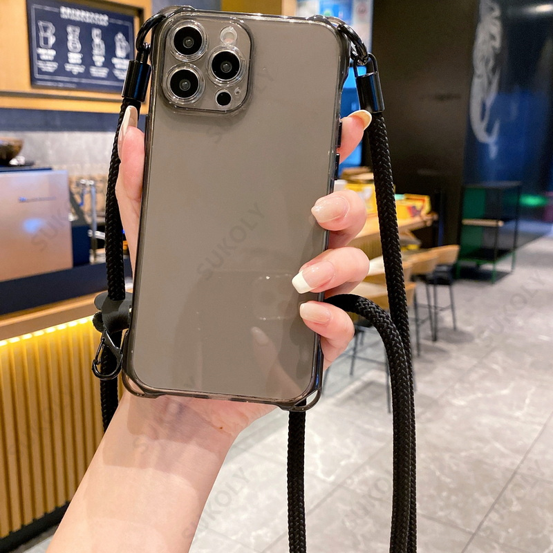 Aligo for iphone 11 soft transparent tpu phone case cover camera protection with crossbody sling shoulder strap chains for iphone 15 plus 14 13 12 pro max