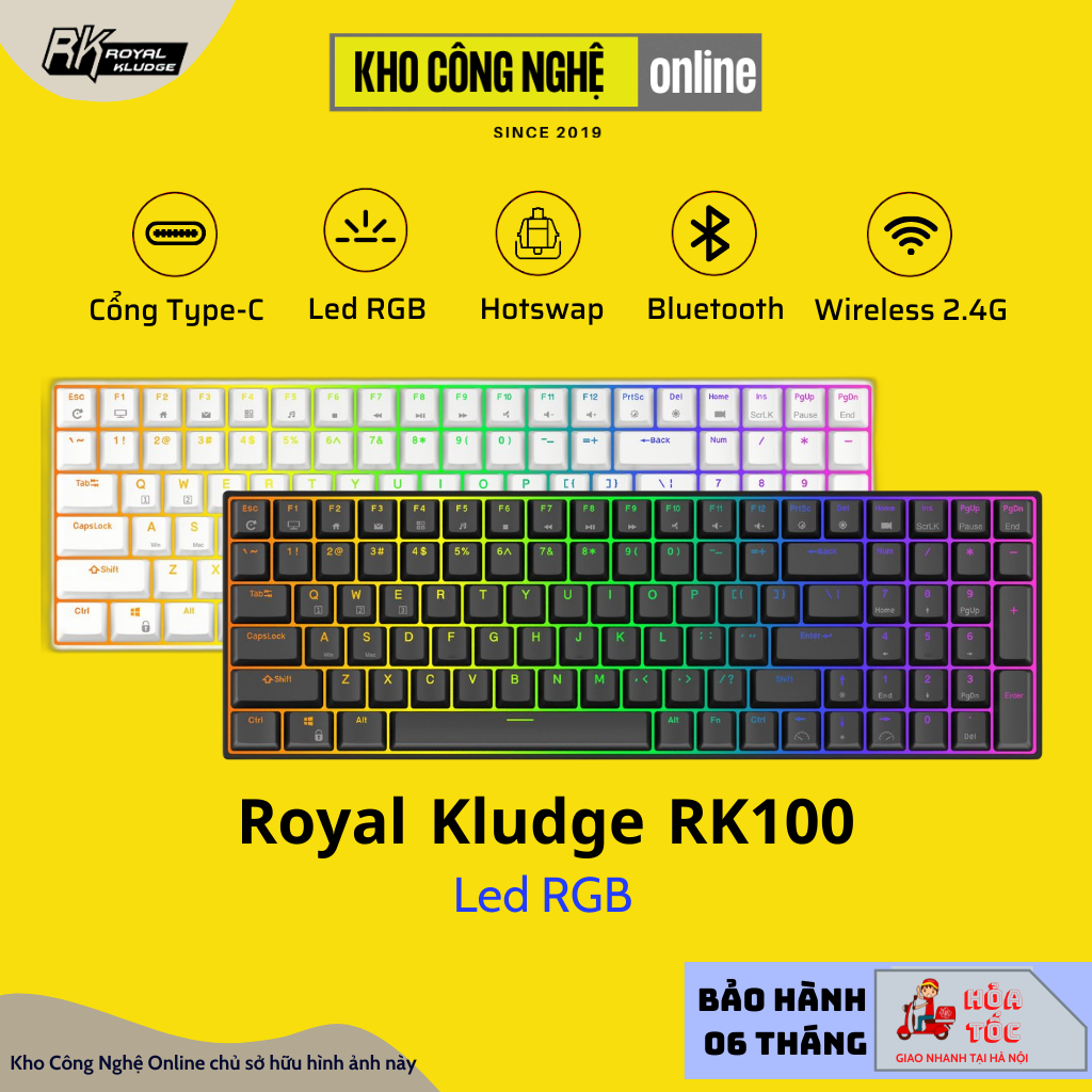 RK100 - Bàn phím cơ không dây RK100 RK860 Wireless 2.4G + Bluetooth 5.0 + Có dây Type C + Hotswap thay nóng các Switch