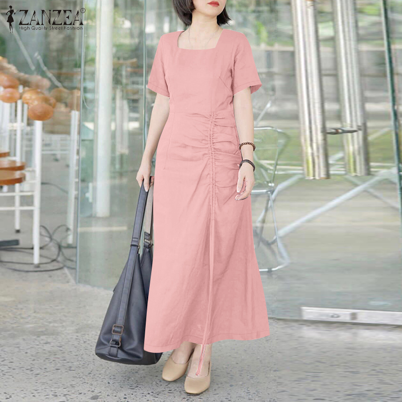 ZANZEA%20Korean%20Style%20Women%20New%20Fashion%20Square%20Neck%20Dresses%20Raglan%20Sleeve%20A-Line%20Drawstring%20Midi%20Solid%20Dress%20#0303%20-%20Image%202