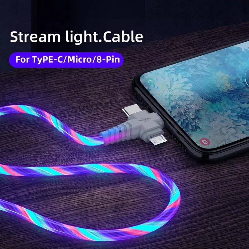 Cáp Sạc Phát Sáng LED 3 Trong 1 Bộ Sạc Nhanh Phát Sáng USB Type C Dây Micro USB Tương Thích Với Điện Thoại iPhone Android Cáp USB Chiếu Sáng