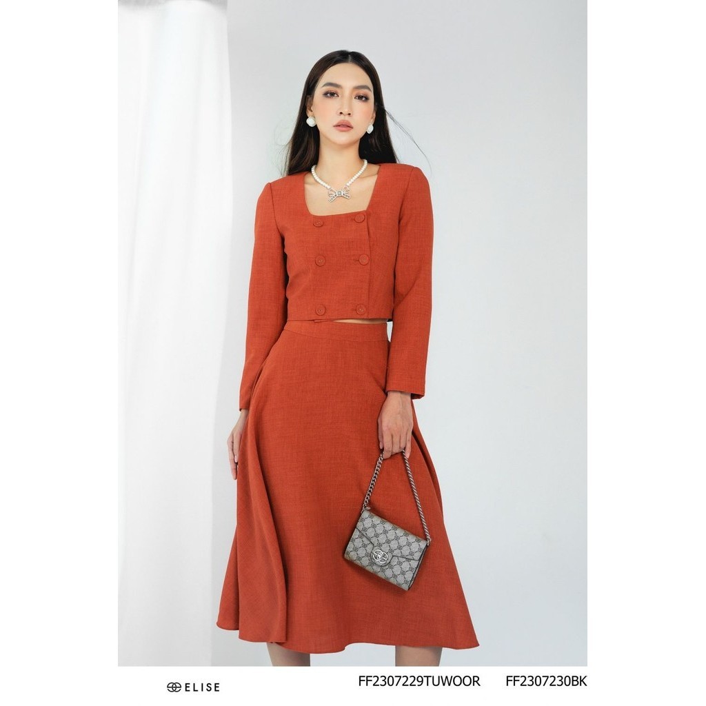Chân váy xòe tweed cam đất thiết kế elise ff2307230bkwoor