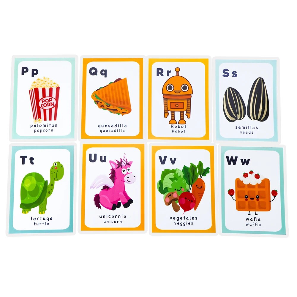 27Pcs Kids Montessori Spanish/English Letter Cards Baby Learn Cartoon Vocabulary Flashcards Child Early Educational For Toddler