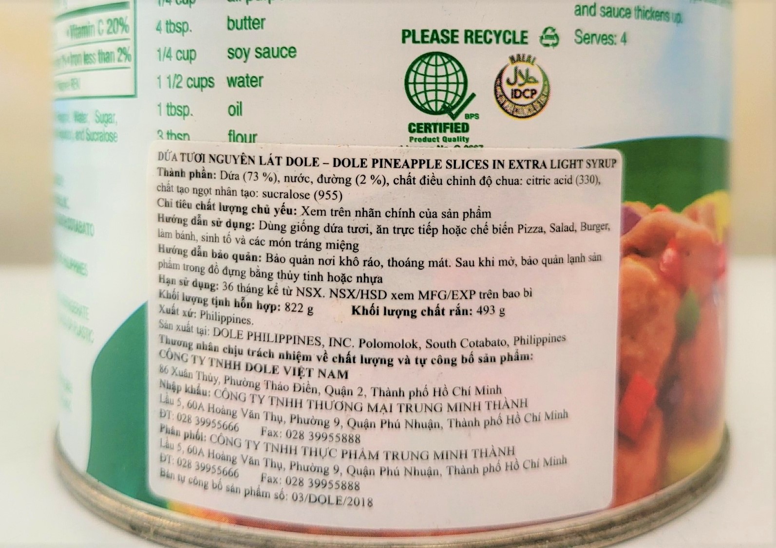 [Hộp 822g – NGUYÊN LÁT] DỨA TƯƠI NGÂM SI RÔ [Philippines] DOLE Pineapple Slices in Ex Light Syrup (halal)