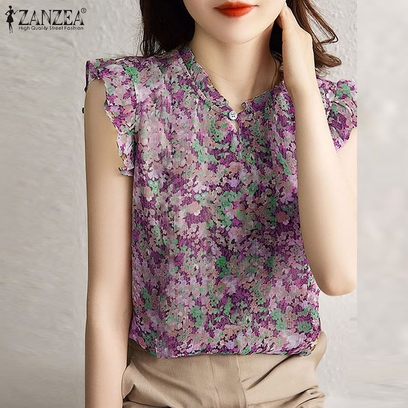 ZANZEA%20Women's%20Blouse%20Holiday%20Summer%20Tank%20Vest%20Casual%20Floral%20Cap%20Sleeveless%20Loose%20Blouse%20-%20Image%203