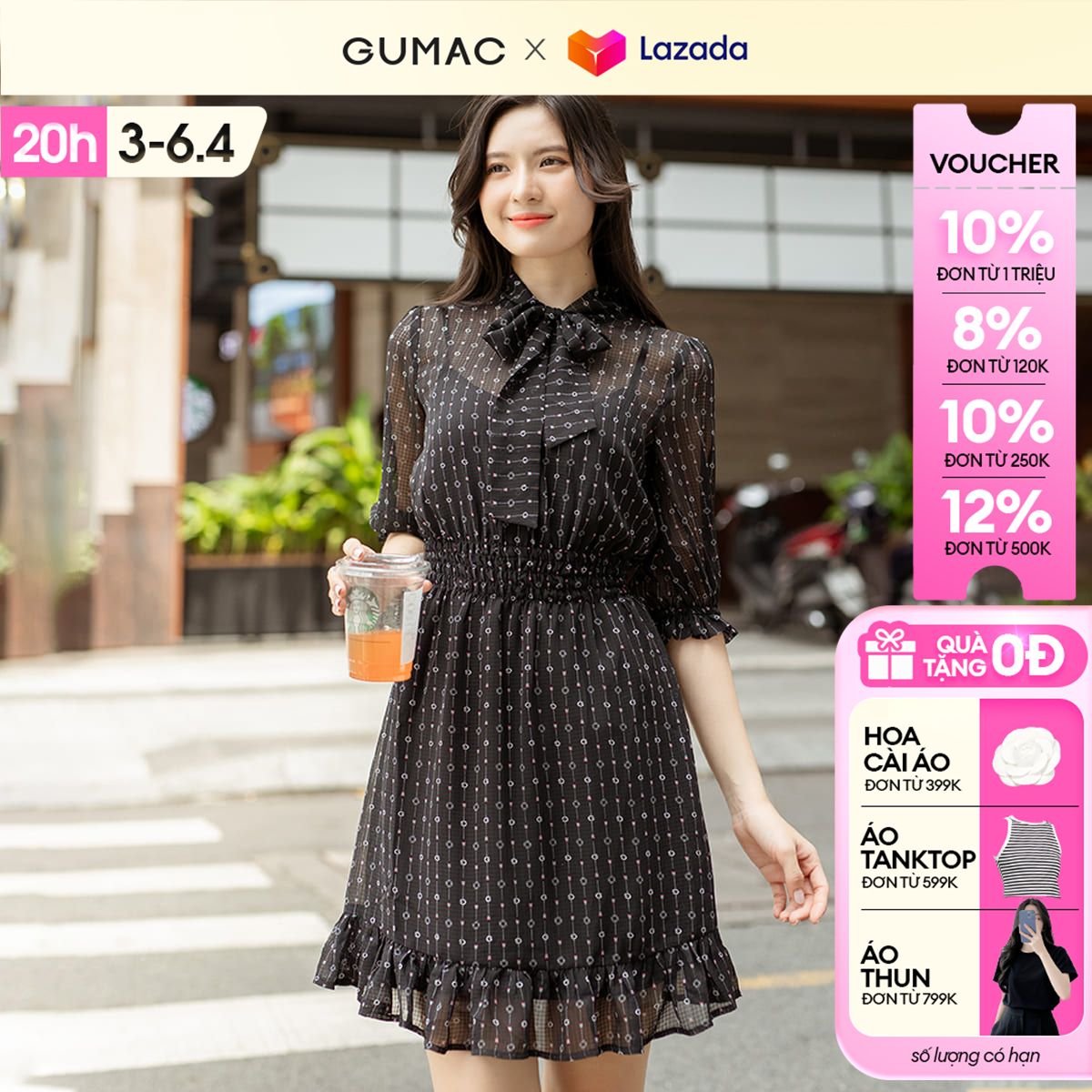 [15 - 17.6 |Voucher 8-15%] Đầm nữ bèo smocking eo thắt nơ cổ GUMAC DD05069