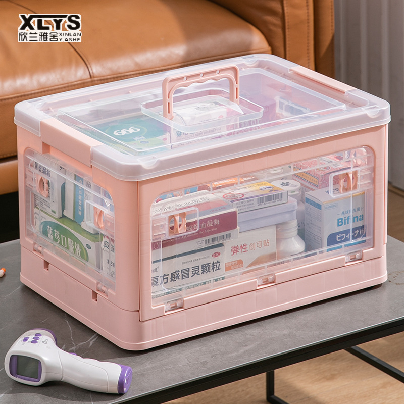 Medical box, large capacity household storage box, transparent first aid kit, foldable storage box, multi-layer extra large sorting box