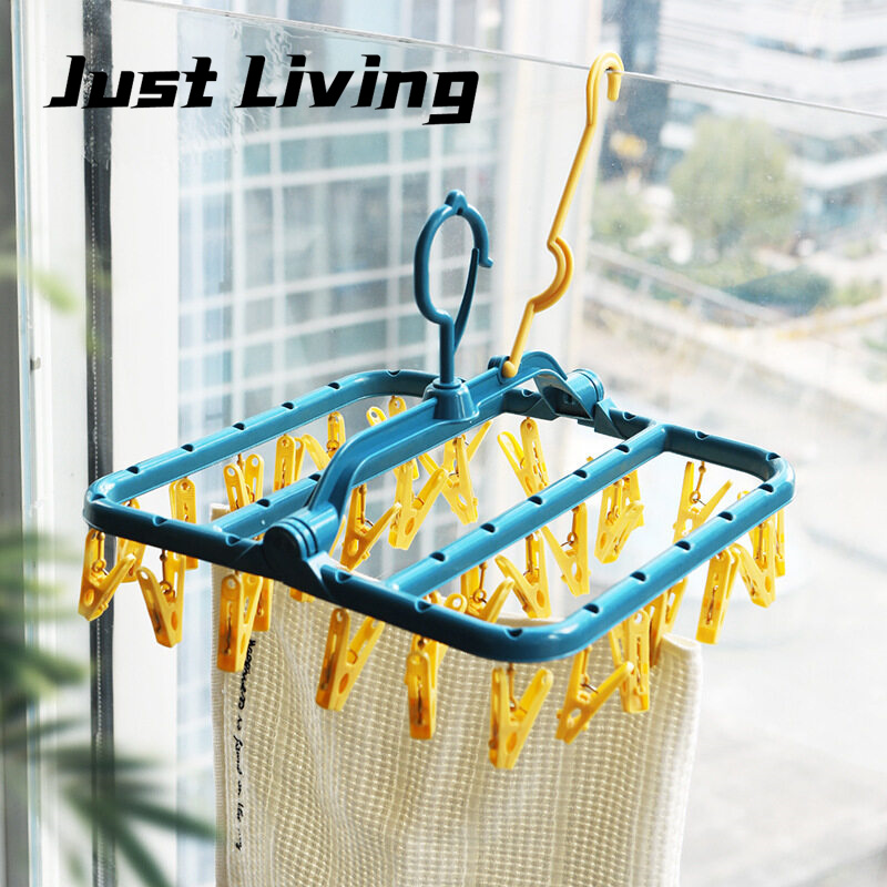 JustLiving Giá Treo Quần Áo 32 Kẹp Móc Treo Khăn Giặt Gấp Gọn Bằng Nhựa Giá Phơi Đồ Đa Năng Giá Treo Ngoài Cửa Ban Công Cửa Sổ Hàng Rào