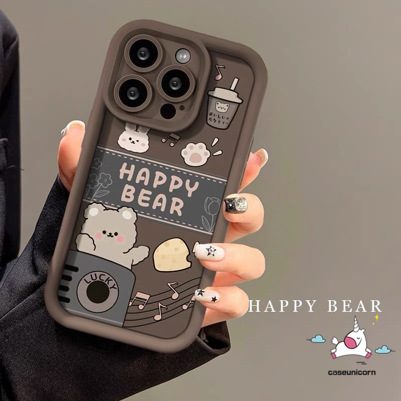 Funny Cute Happy Bear Milk Tea Music Phone Case Compatible For IPhone 13 15  XR 11 14 7Plus 12 Pro Max 6S Plus X XS MAX SE 2020 Cartoon Couples