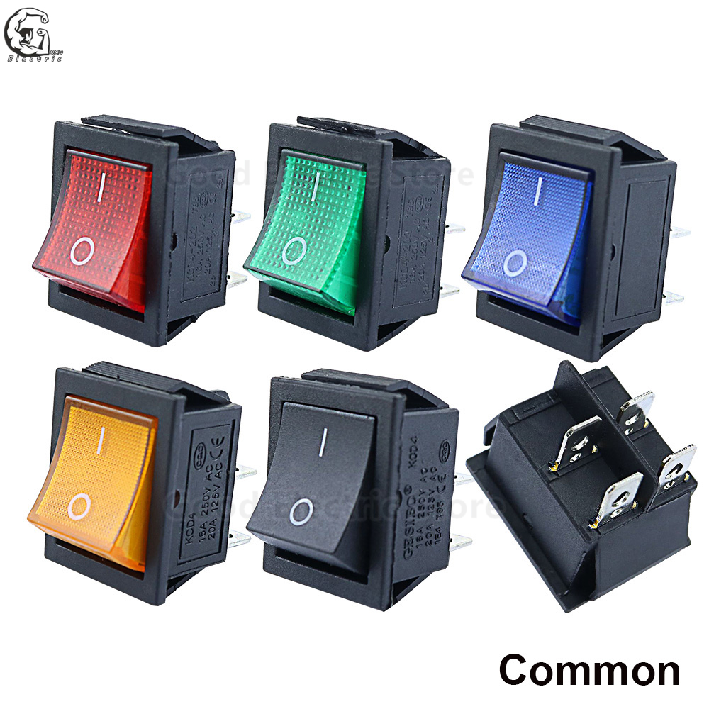 KCD4 Rocker Switch – Latching/Momentary DPST, 4 Or 6 Pins, 16A 250VAC / 20A 125VAC, Illuminated Options (2-Position, Black)