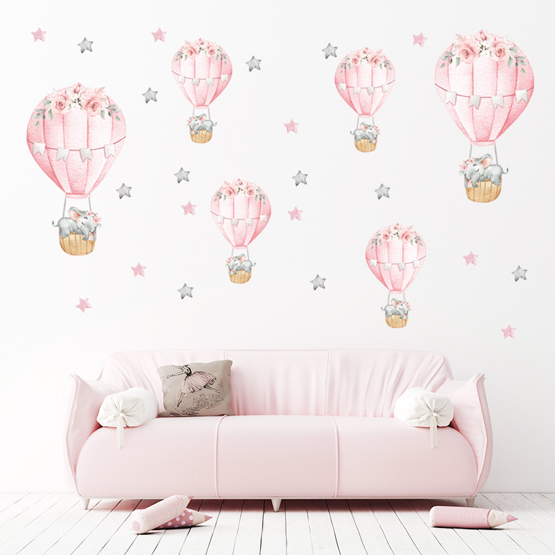 【Folio & Light】Watercolor Cartoon Animals Hot Air Balloon Wall Stickers ...