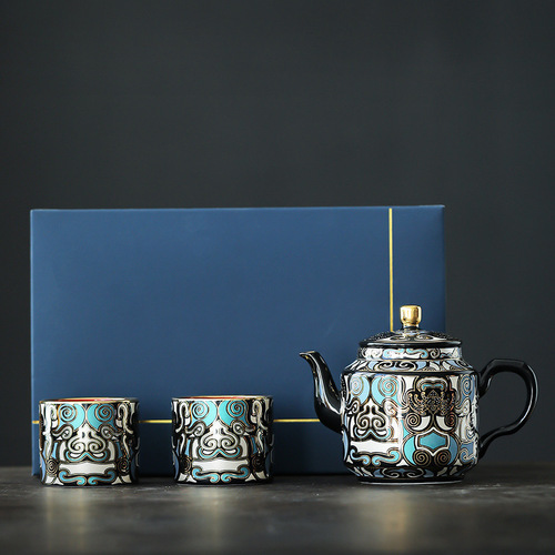 Gold and silver inlaid gold tea pot China taotie pattern ceramic tea maker household luxury kungfu set single pot gift
