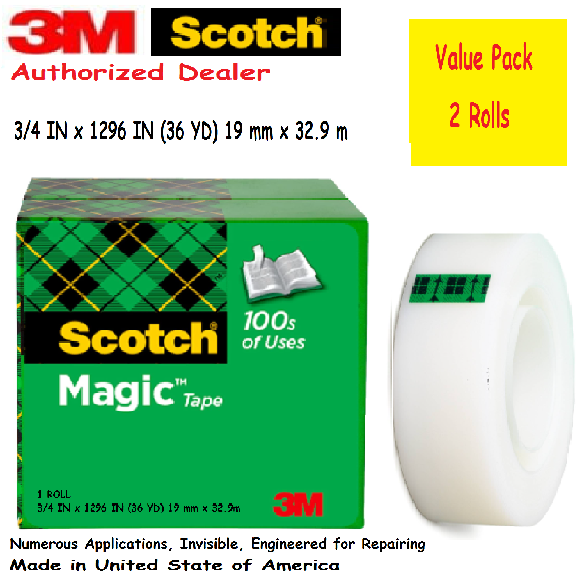 3M Scotch Magic Tape 2 Rolls Value Pack 19mm x 32.9mm Numerous  Applications, Invisible, Engineered for Repairing