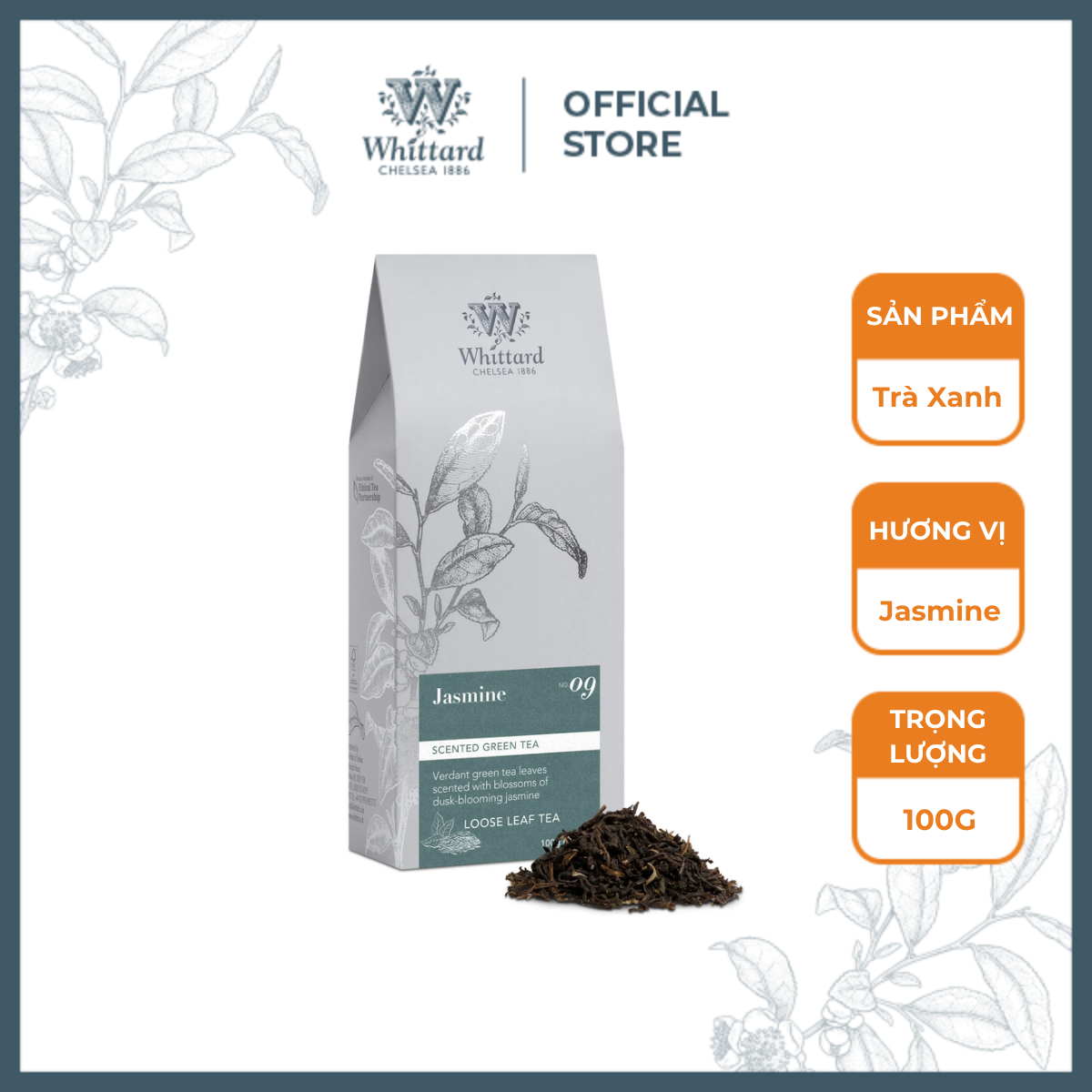 Trà xanh Anh Quốc Whittard Classics Jasmine (trà nguyên lá hộp giấy, 100g)