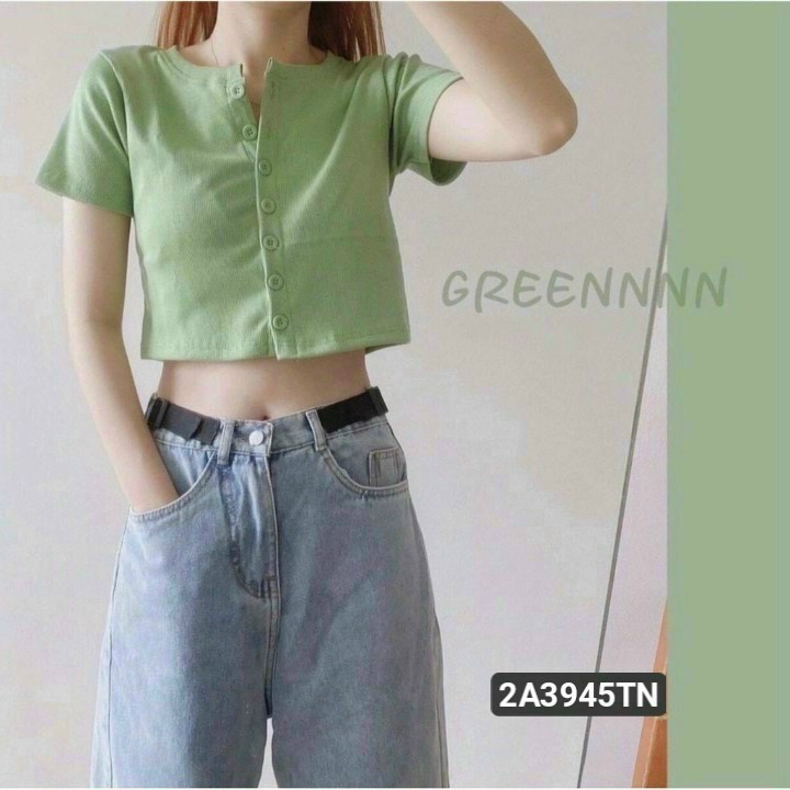 Áo thun gân cổ tròn có nút gài ngắn tay cute ttsla0747