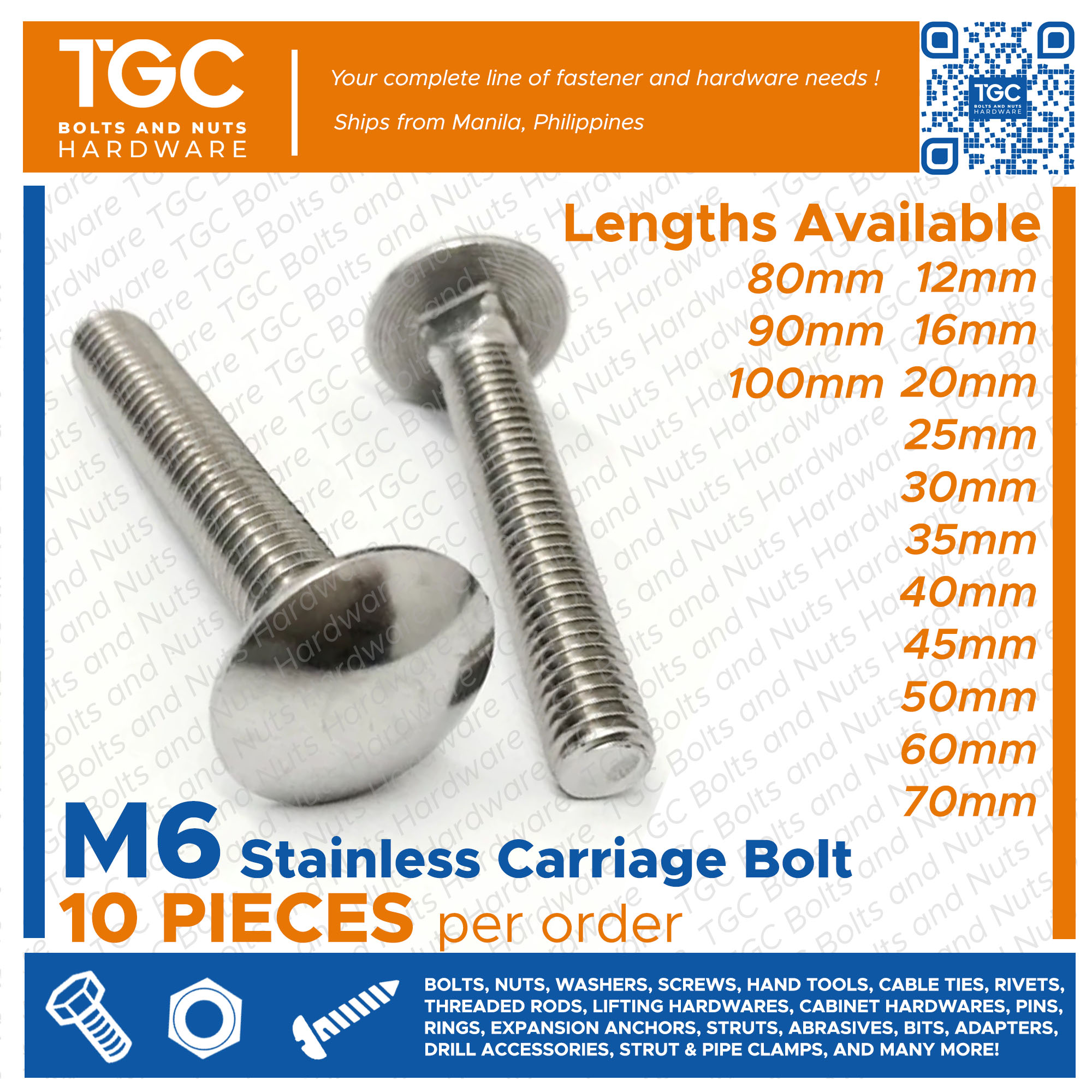 10 x M8 x 100mm Coach Carriage Bolts With Nuts 