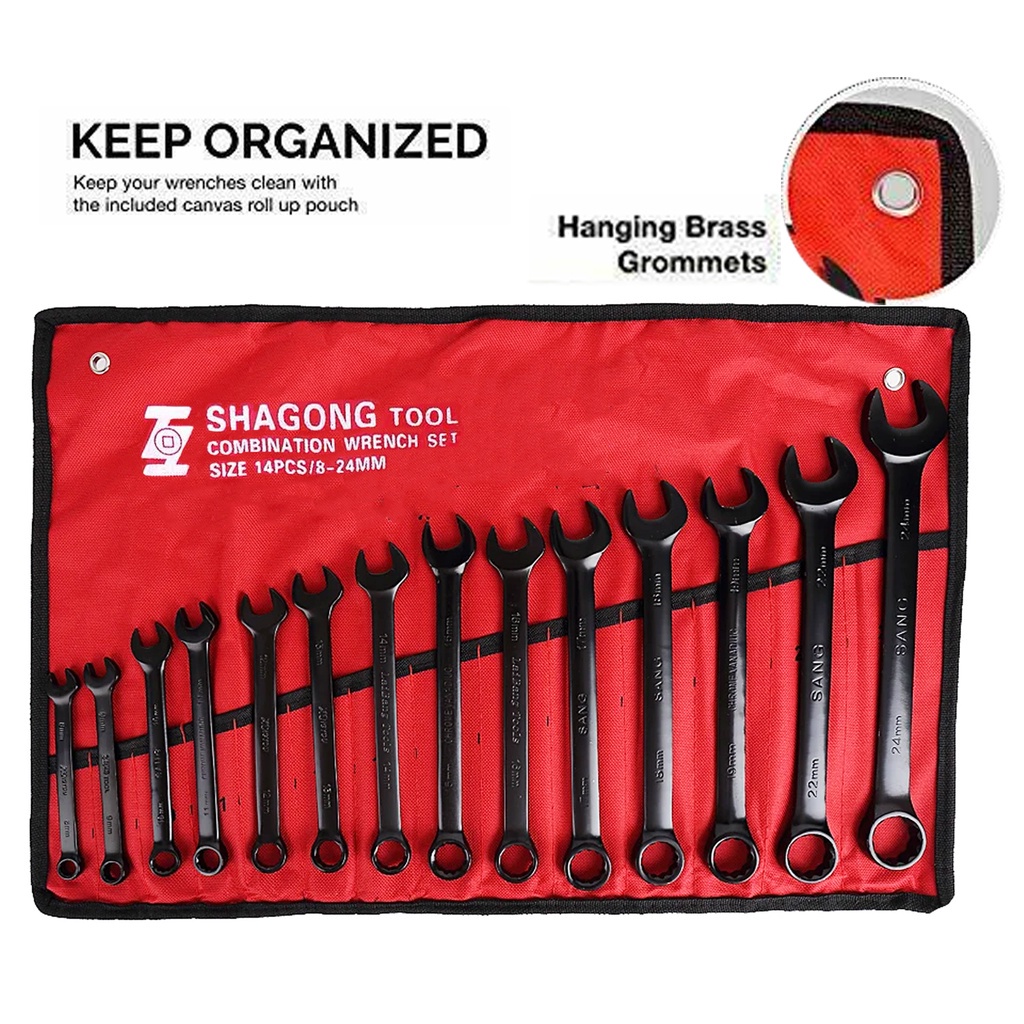 14-Piece Combination Wrench Set – Metric 8-24mm, Ratchet Socket Spanner, Chrome Vanadium Steel, With Rolling Pouch