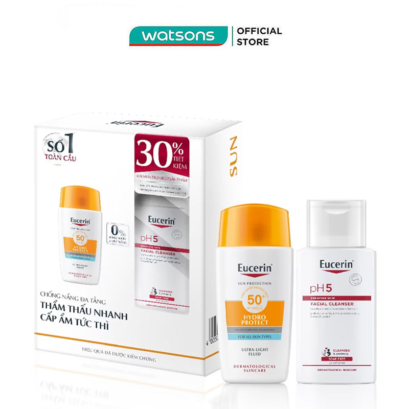 Eucerin combo (eucerin sun hydro protect ultra light fluid spf50+ 50ml + eucerin ph5 sensitive skin facial cleanser 100ml)
