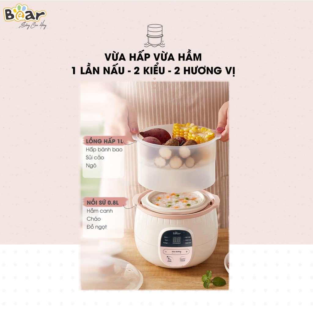 Nồi nấu cháo chậm, cách thủy và ninh hầm Bear 0,8L