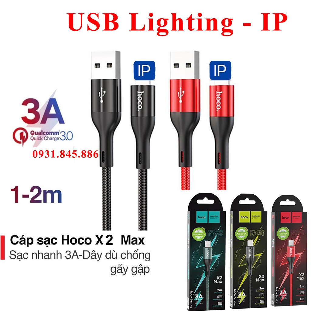 Dây cáp sạc nhanh hoco x2 max bện dù 2.4a đầu ,micro,type-c ip dây truyền tải dữ liệu dài 1m /2m