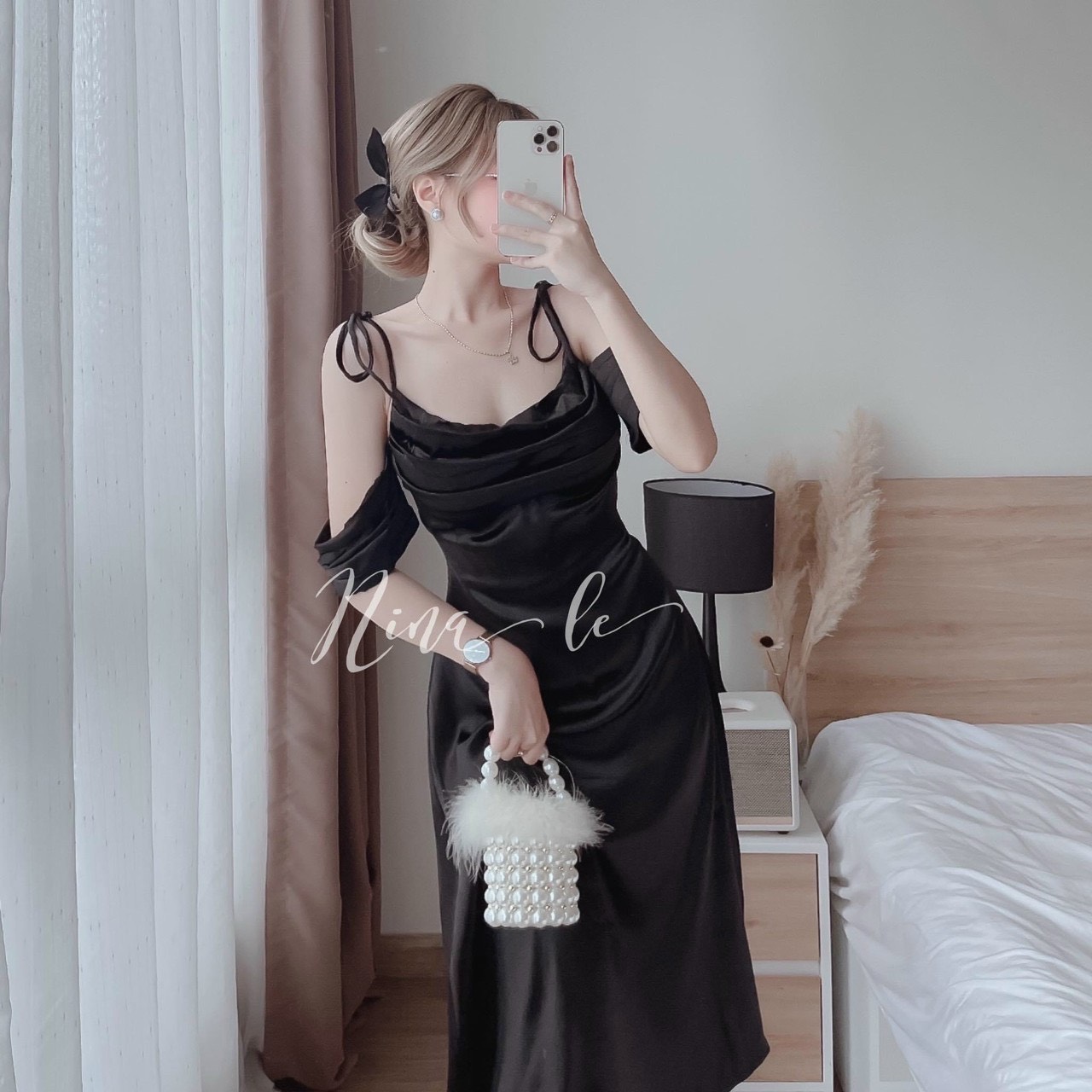 Váy đầm nữ dự tiệc dáng xoè tiểu thư kiểu tay rớt cổ đổ cột nơ vai