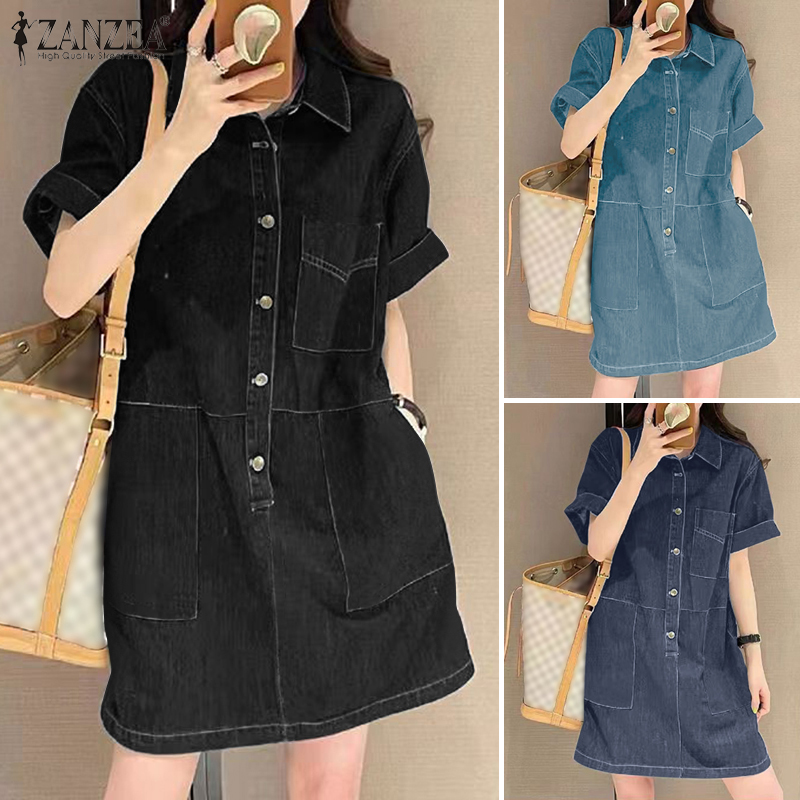 ZANZEA%20Korean%20Style%20Women's%20Dress%20New%20Fashion%20Short%20Sleeve%20Lapel%20Denim%20Shirtdress%20Plain%20Mini%20Dresses%20-%20Image%205