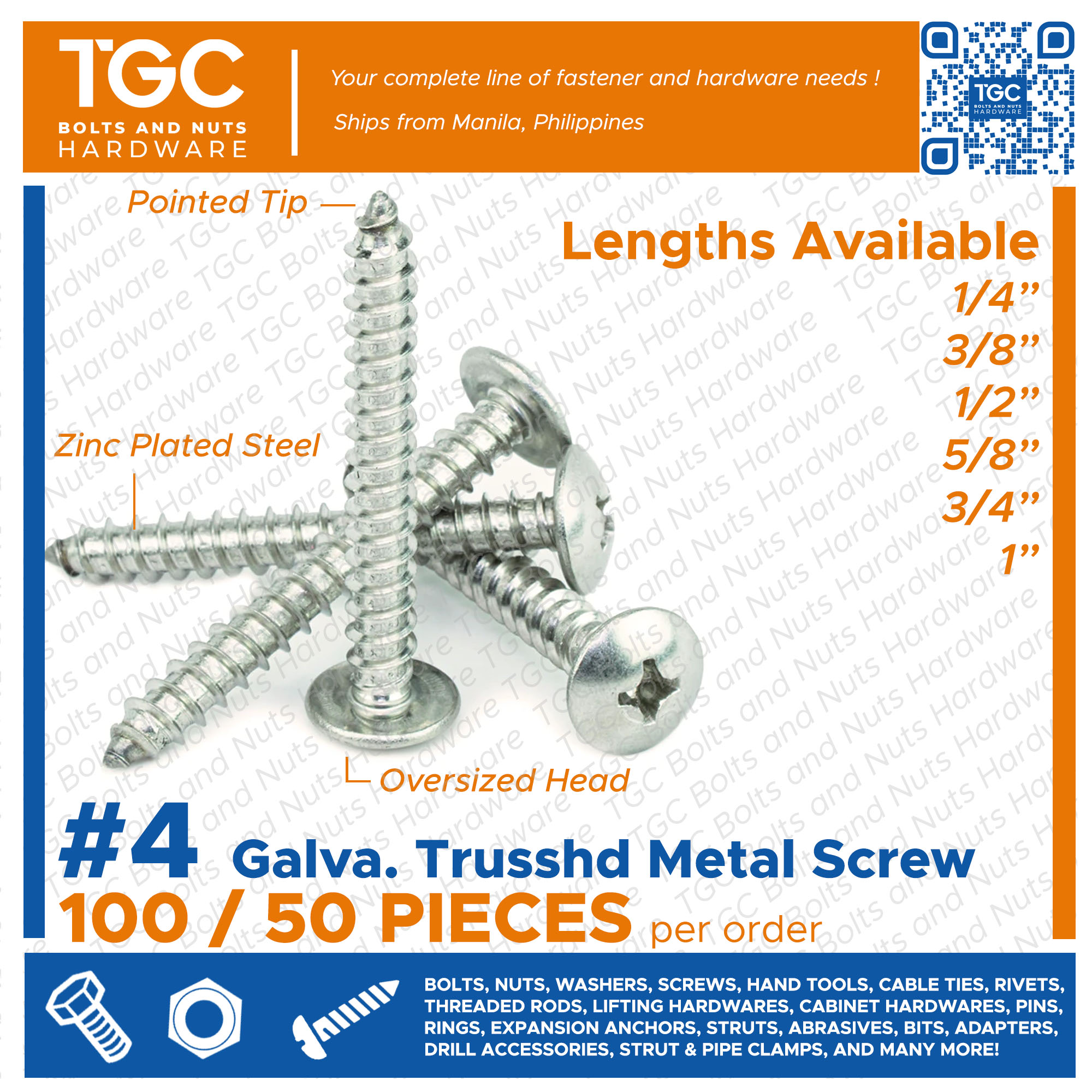 TGC 100PCS 4 x 1/42 inches Truss Head Metal Screw GI Galvanized Self