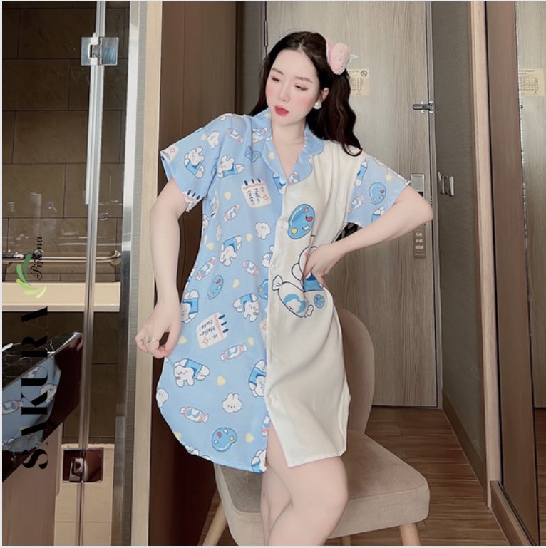 Váy sơ mi suông dáng dài thiết kế cute lụa ngủ cao cấp SAKURA