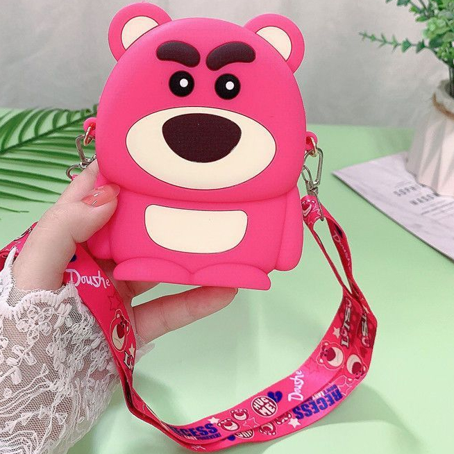 Túi đeo chéo gấu dâu Lotso Dễ thương, túi silicon gấu dâu cho bé Fullbaby