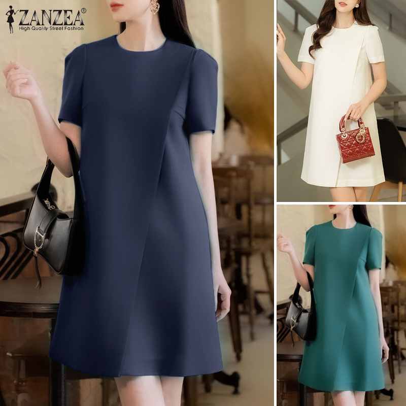 ZANZEA%20Korean%20Style%20Women's%20Dresses%20Elegant%20Puff%20Sleeve%20O-Neck%20Solid%20Color%20Party%20Mini%20Dresses%20-%20Image%204