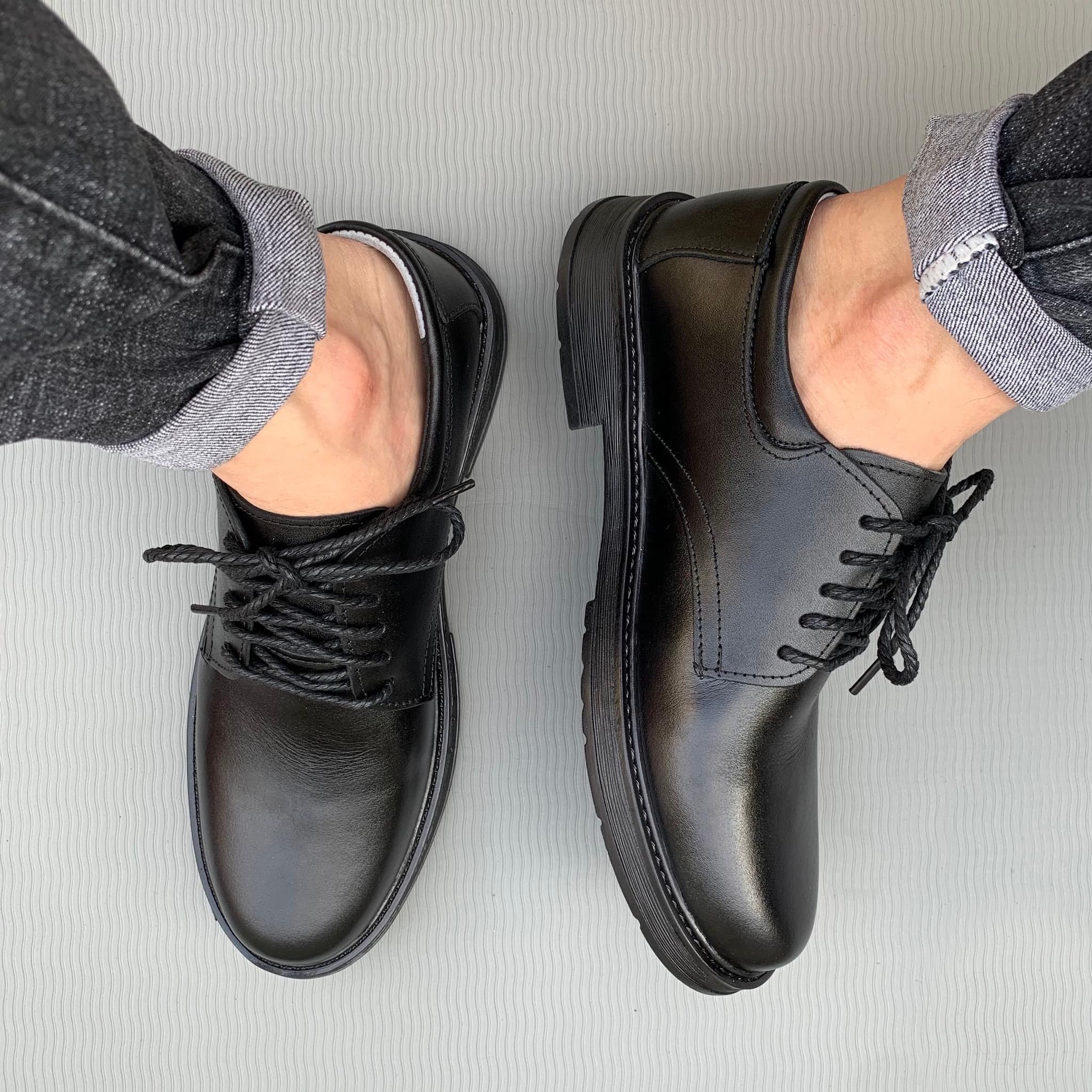 GIày Derby Black Da Trơn Đế Cao Su Tăng Chiều cao 5cm