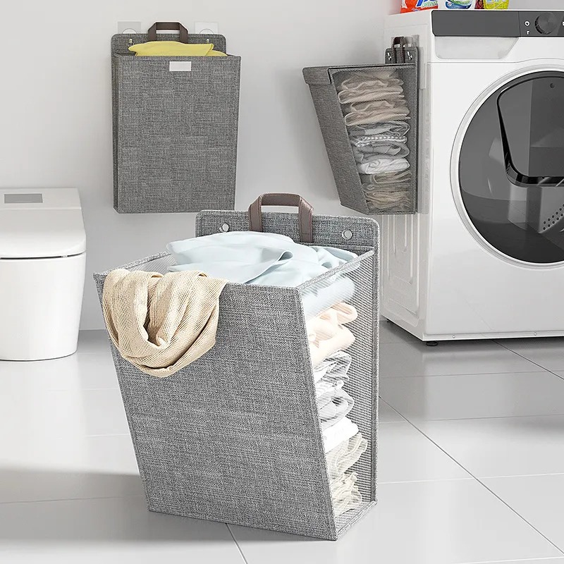 Large Capacity Foldable Hanging Laundry Basket Linen Wall-mounted Dirty Clothes Basket Space-saving Waterproof Bathroom Storage Basket