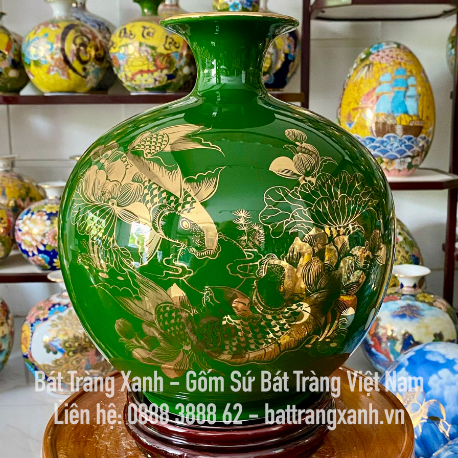 Bình tài lộc song ngư vọng nguyệt màu xanh lá cho người mệnh hoả, mệnh mộc - bình hút lộc bát tràng