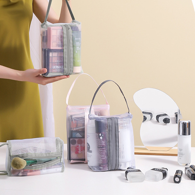 Portable Cosmetic Travel Storage Bag Mesh With Handle Organizer Storage Container