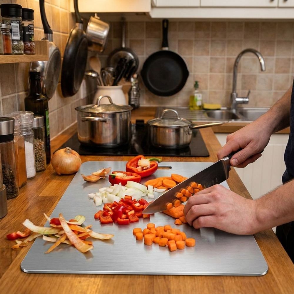Double-Sided Stainless Steel Cutting Board Thickened Mildew-Proof Fruit Cutting Board Multi-functional Chopping Tray Household Use.