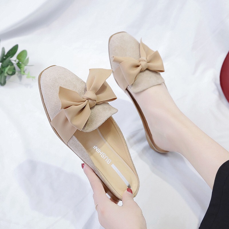 Giày bệt nữ thắt nơ lụa bản to chất dạ mát  cực xinh