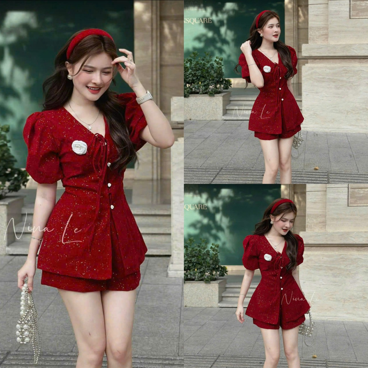 Set bộ áo cổ v nơ ngực gắn hoa đính hàng nút tay phồng phối quần đùi vải nhung kim tuyến siêu cưng , hot , đi chơi cực xinh db117735846