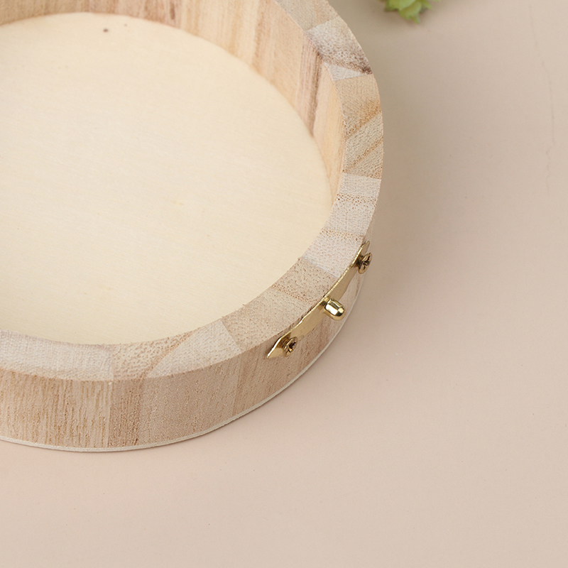 Vintage Round Wooden Jewelry Box Organizer Craft Mud Base Lid Lock Storage Case.