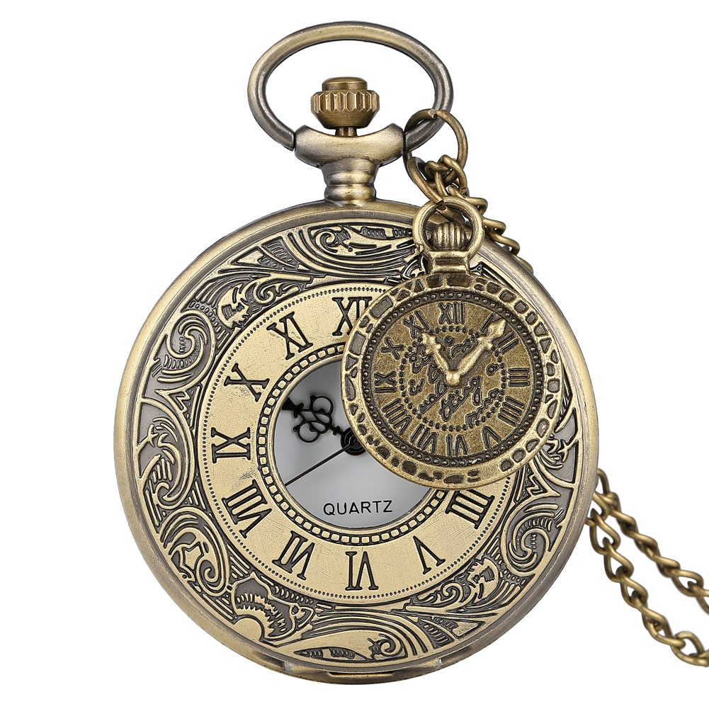 【Unique features】Bronze Cover Pocket Watch Men Half-hollow Clock Women Durable Alloy Chain Pendant Teens bolsillo. 