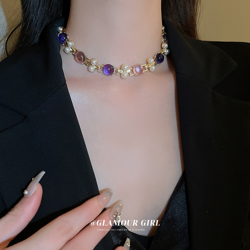 银针珍珠圆形耳钉项链套装 文艺复古宫廷风耳环vintage中古耳饰女