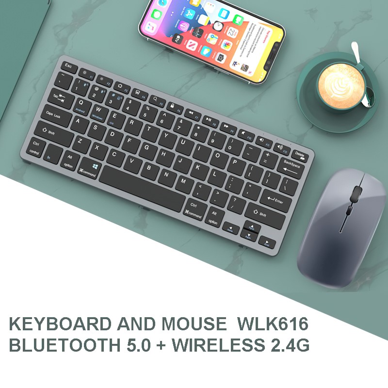Bộ Bàn phím chuột không dây mini W616 - pin sạc - đa kết nối bluetooth 5.0 + 3.0 + Usb wireless 2.4G