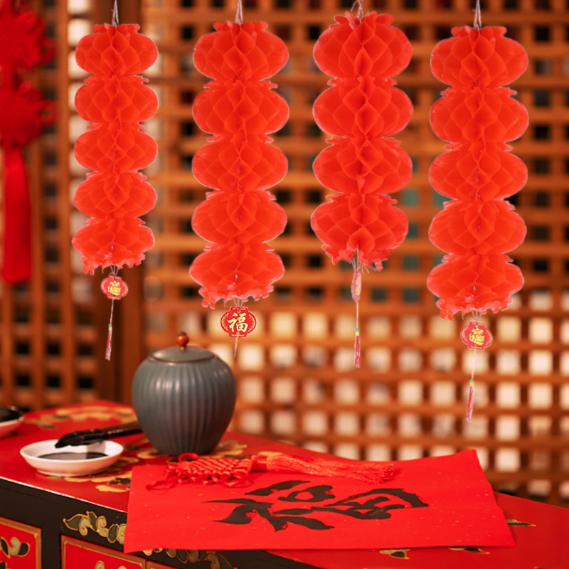 Foldable Waterproof Paper Hanging Lanterns String Luck Paper Lanterns Chinese New Year Spring Festival Party Home Decoration